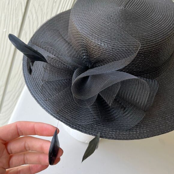 VTG Black Wide Brim Hat Mesh & Feather Trim Formal Church Derby Tea - Picture 10 of 12